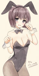 Rule 34 | 1girl, alternate costume, animal ears, bare shoulders, blush, bow, bowtie, breasts, brown hair, rabbit ears, rabbit tail, cleavage, dated, detached collar, fake animal ears, grey eyes, looking at viewer, medium breasts, nishio rina, ootani mikoto, open mouth, pantyhose, playboy bunny, short hair, solo, soukyuu no fafner, tail, wrist cuffs