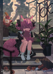 1girl aged_down animal_ear_fluff animal_ears apple arknights basket black_bow black_bowtie black_dress bow bowtie child clothes_between_thighs cobblestone collared_dress covered_mouth dress flower food fox_ears fox_tail frilled_dress frills fruit full_body hair_bow highres holding holding_stuffed_toy hugging_object indoors knees knees_up orange_flower pink_eyes pink_flower plant potted_plant puffy_short_sleeves puffy_sleeves railing red_hair red_medicine shadow shamare_(arknights) short_dress short_hair short_sleeves short_twintails sitting sitting_on_stairs socks solo stairs stuffed_fox stuffed_toy tail twintails wavy_hair weibo_watermark white_flower white_socks wooden_floor