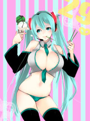 Rule 34 | 1girl, aqua eyes, aqua hair, between breasts, black thighhighs, breasts, cleavage, dixsept, food, green panties, hatsune miku, headset, ice cream, large breasts, long hair, long twintails, necktie, necktie between breasts, panties, pocky, spring onion, thighhighs, twintails, underwear, vocaloid
