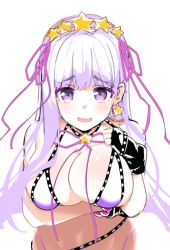 Rule 34 | 1girl, :d, batsu, bb (fate), bb (fate) (all), bb (swimsuit mooncancer) (fate), bb (swimsuit mooncancer) (second ascension) (fate), bikini, black gloves, blush, breasts, commentary request, earrings, fate/grand order, fate (series), fingerless gloves, gloves, hair ornament, hair ribbon, hairband, jewelry, large breasts, leaning forward, long hair, open mouth, pink ribbon, purple bikini, purple hair, ribbon, simple background, smile, solo, star (symbol), star earrings, star hair ornament, swimsuit, white background