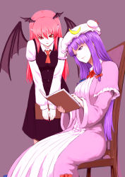 Rule 34 | 2girls, armband, ascot, book, capelet, chair, crescent, crescent hair ornament, demon wings, dress, facing viewer, hair ornament, hair ribbon, hat, head wings, highres, kakone, koakuma, leaning forward, long hair, long sleeves, looking down, mob cap, multiple girls, nail polish, neck ribbon, open book, patchouli knowledge, pink eyes, pink hair, pointy ears, purple background, purple eyes, purple hair, reading, red nails, ribbon, shirt, simple background, sitting, skirt, skirt set, touhou, tress ribbon, vest, white shirt, wings