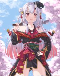 Rule 34 | 1girl, blurry, blurry background, cherry blossoms, collarbone, hair between eyes, hair ornament, highres, hololive, horns, japanese clothes, looking at viewer, machete, nakiri ayame, nakiri ayame (1st costume), open mouth, silver hair, skin-covered horns, sky, solo, thighs, virtual youtuber
