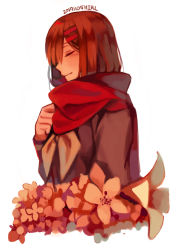 Rule 34 | 1girl, absurdres, artist name, blush, brown hair, dated, enpera, closed eyes, flower, from side, hair ornament, hairclip, hand on own chest, highres, hirl, kagerou project, light blush, red scarf, scarf, school uniform, serafuku, simple background, solo, tateyama ayano, upper body, white background