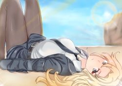 Rule 34 | 1girl, beach, belt, black belt, black necktie, blonde hair, bomber jacket, breasts, dress shirt, highres, hornet (kancolle), jacket, kantai collection, large breasts, legs up, long hair, looking at viewer, lying, necktie, pantyhose, pencil skirt, rukialice, sand, shirt, skirt, solo, white shirt