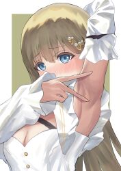 Rule 34 | 1girl, arm behind head, arm up, armpit focus, armpits, blonde hair, blue eyes, blush, breasts, brown hair, cleavage, commentary request, dress, hair ornament, hairclip, hanabusa lisa, long hair, long sleeves, looking at viewer, medium breasts, nose blush, pechino, presenting armpit, sleeves past wrists, solo, spread armpit, very long hair, virtual youtuber, vspo!, white dress, white sleeves