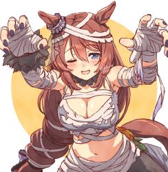 Rule 34 | 1girl, animal ears, bandaged arm, bandaged hand, bandaged head, bandages, blue eyes, blue nails, blush, breasts, choker, cleavage, commentary, cowboy shot, fuusuke (fusuke208), hair ornament, hair scrunchie, highres, horse ears, horse girl, horse tail, large breasts, long hair, looking at viewer, nail polish, navel, official alternate costume, one eye closed, open mouth, outstretched arms, ponytail, scrunchie, simple background, solo, super creek (chiffon ribbon mummy) (umamusume), super creek (umamusume), tail, twitter username, two-tone background, umamusume, very long hair, white background, yellow background