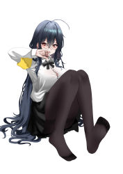 Rule 34 | 1girl, absurdres, arm up, armband, azur lane, black bow, black bowtie, black hair, black pantyhose, black skirt, blush, bow, bowtie, breasts, chinese commentary, covering own mouth, full body, glasses, highres, legs, long hair, long sleeves, looking at viewer, mianbaoren, nail polish, no shoes, official alternate costume, on floor, open mouth, pantyhose, pink nails, red eyes, school uniform, shirt, skirt, soles, solo, taihou (azur lane), taihou (sweet time after school) (azur lane), white background, white shirt, yellow armband