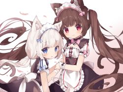 Rule 34 | 2girls, :3, :o, animal ear fluff, animal ears, apron, back bow, bell, black bow, black skirt, blue bow, blue eyes, blunt bangs, blush, bow, brown hair, buttons, cat ears, cat girl, cat tail, chocola (nekopara), choker, closed mouth, double-breasted, dress, frilled apron, frilled sleeves, frills, fujii shino, hand grab, high-waist skirt, highres, jingle bell, long hair, looking at viewer, low twintails, maid, maid headdress, multiple girls, neck bell, nekopara, pink bow, pink eyes, puffy short sleeves, puffy sleeves, short sleeves, siblings, sisters, skirt, tail, twintails, vanilla (nekopara), very long hair, waist apron, white apron, white hair, wrist cuffs