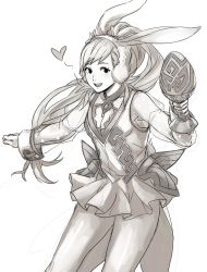 Rule 34 | 1girl, animal ears, blush, braid, breasts, cup, egg, fire emblem, fire emblem heroes, gloves, highres, kamu (kamuuei), long hair, looking at viewer, monochrome, nintendo, open mouth, playboy bunny, rabbit girl, sharena (fire emblem), simple background, smile, solo, white background