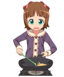 Rule 34 | 1girl, a1 (initial-g), aged down, amami haruka, bow, brown hair, cooking, female focus, food, frying pan, green eyes, hair bow, idolmaster, idolmaster (classic), open mouth, short hair, simple background, solo, spatula, white background