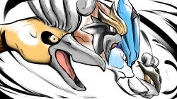 Rule 34 | alternate color, animal focus, bird, blue skin, brown fur, colored skin, creatures (company), entei, expressionless, fangs, game freak, gen 2 pokemon, highres, ho-oh, legendary pokemon, marker (medium), multicolored skin, nintendo, no humans, nonbiri-silver, pokemon, pokemon (creature), raikou, serious, shiny pokemon, simple background, solid oval eyes, suicune, traditional media, tusks, two-tone skin, upper body, white background