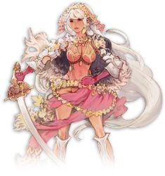Rule 34 | 1girl, armor, breasts, capelet, cleavage, earrings, gloves, hairband, hand on own hip, holding, jewelry, large breasts, leotard, lips, long hair, minaba hideo, necklace, official art, pink eyes, pink gloves, saber (weapon), sheena (terra battle), solo, sword, terra battle, transparent background, very long hair, weapon