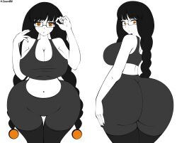 Rule 34 | 1girl, ass, ass focus, black hair, breasts, glasses, highres, huge ass, huge breasts, large breasts, long hair, orange eyes, pale skin, pants, solo, tagme, thick thighs, thighs, tight clothes, wide hips, zonen404