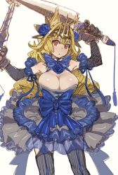 Rule 34 | 1girl, animal hands, bare shoulders, black gloves, black panties, blonde hair, blue bow, blue bowtie, blue dress, blue flower, blue rose, blush, bow, bow (bhp), bowtie, breasts, cleavage, closed mouth, corset, crown, dot mouth, dress, drill hair, dual wielding, elbow gloves, flower, garter straps, gloves, grey legwear, head tilt, holding, holding sword, holding weapon, large breasts, long hair, looking at viewer, original, panties, paw gloves, red eyes, rose, simple background, solo, standing, sword, underwear, weapon, white background