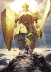 Rule 34 | 3boys, absurdres, armor, backlighting, backpack, bad id, bad pixiv id, bag, cloud, commentary request, fantasy, faulds, full armor, giant, gold armor, grey hair, helmet, highres, hiking pole, holding, holding sword, holding weapon, mountain, mountainous horizon, multiple boys, original, pauldrons, plate armor, shield, shoulder armor, size difference, sword, tark (318), cane, weapon