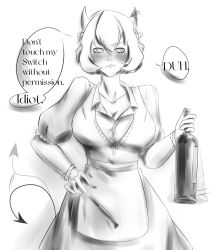 Rule 34 | 1girl, annoyed, blush, bottle, demon, demon girl, demon horns, demon tail, english text, hand on own hip, helltaker, highres, holding, holding bottle, horns, looking at viewer, maid, malina (helltaker), shaking, tail, tail wagging, z.a