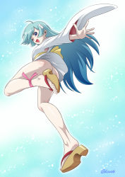 Rule 34 | 1girl, ass, barefoot, blue eyes, blue hair, dororon enma-kun, feet, hair ornament, hairclip, japanese clothes, long hair, looking at viewer, one eye closed, open mouth, toes, wink, yukiko hime