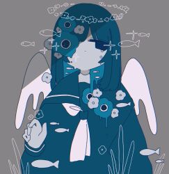 Rule 34 | 1girl, arm at side, ascot, black eyes, blue hair, blue sailor collar, blue shirt, closed mouth, colored inner hair, crying, crying with eyes open, dot mouth, fish, grey background, halo, highres, index finger raised, jitome, long hair, looking at viewer, multicolored hair, original, ringed eyes, sailor collar, shadow, shirt, sidelocks, simple background, solo, sparkle, sskitaco, straight-on, tears, white ascot, white wings, wings