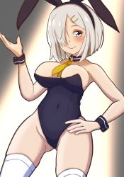 Rule 34 | 1girl, animal ears, bow, bowtie, breasts, commentary request, contrapposto, daichi (daiti1318), detached collar, fake animal ears, grey eyes, hair ornament, hair over one eye, hairclip, hamakaze (kancolle), hand on own hip, highres, kantai collection, large breasts, leotard, looking at viewer, necktie, playboy bunny, rabbit ears, short hair, silver hair, solo, standing, thighhighs, white thighhighs, wrist cuffs, yellow neckwear
