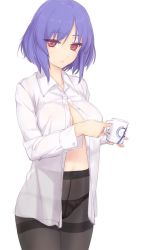 Rule 34 | 1girl, black pantyhose, breasts, cowboy shot, crotch seam, cup, dress shirt, holding, holding cup, large breasts, looking at viewer, mug, nagae iku, no pants, open clothes, open shirt, panties, panties under pantyhose, pantyhose, parted lips, purple hair, red eyes, rokuwata tomoe, shirt, short hair, simple background, solo, standing, teacup, thighband pantyhose, touhou, underwear, white background