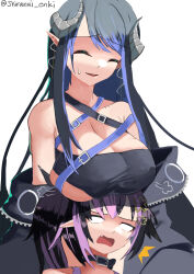 Rule 34 | 2girls, ahoge, bandeau, belt, belt collar, black bandeau, black belt, black hair, black jacket, black sleeves, blue hair, bra, breast rest, breasts, breasts on head, cleavage, closed eyes, closed mouth, collar, commentary request, cropped jacket, curled horns, demon girl, demon horns, demon tail, detached sleeves, fang, flat chest, grey horns, hair between eyes, head tilt, hebiyoi tier, hebiyoi tier (1st costume), highres, horns, jacket, large breasts, long hair, looking at viewer, midriff, multicolored hair, multiple girls, nanashi inc., navel, off shoulder, oinomori may, oinomori may (1st costume), pink bra, pink hair, pointy ears, shiranui enki, simple background, sleeveless, sleeveless jacket, smile, snake bite, sugar lyric, tail, two-tone hair, underboob, underwear, unzipped, upper body, virtual youtuber, white background, zipper