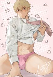 Rule 34 | 1boy, :/, abs, absurdres, arm support, bed sheet, between legs, blonde hair, blush, briefs, brown eyes, bulge, clothes lift, commentary request, crotch seam, double-parted bangs, dress shirt, earrings, hair between eyes, hand between legs, hand up, harunima, highres, jewelry, kneeling, lifting own clothes, long sleeves, looking at viewer, male focus, male underwear, navel, necktie, no pants, original, pink background, pink male underwear, pink necktie, polka dot, polka dot background, pout, shirt, shirt lift, short hair, signature, solo, spread legs, stud earrings, thighs, toned, toned male, underpec, underwear, white shirt