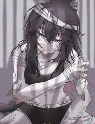 Rule 34 | 1girl, absurdres, animal ear fluff, animal ears, arknights, bandaged arm, bandages, bandaid, bandaid on face, bare shoulders, black hair, black shorts, blood, blood on face, breasts, brown eyes, commentary request, cowboy shot, crop top, ear piercing, food, head tilt, highres, huge filesize, jacket, kogoe (alphabetgir1s), long hair, long sleeves, medium breasts, messy hair, midriff, mouth hold, navel, nosebleed, off shoulder, open clothes, open jacket, paper, piercing, pocky, shorts, sidelocks, sitting, solo, sports bra, stomach, tail, texas (arknights), very long hair, wolf ears, wolf tail