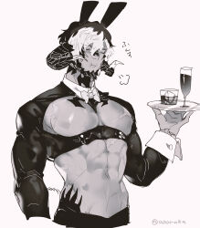 Rule 34 | 1boy, :t, abs, animal ears, artist name, au ra, bow, bowtie, champagne flute, closed mouth, colored sclera, commentary request, cropped legs, crossdressing, cup, drinking glass, fake animal ears, fake tail, final fantasy, final fantasy xiv, greyscale, hand up, highres, holding, holding tray, horns, karuo (oooruka cr), large pectorals, long sleeves, low horns, male focus, male playboy bunny, monochrome, multicolored hair, pectorals, pink background, pout, rabbit ears, rabbit tail, scar, scar on chest, scar on stomach, short hair, simple background, tail, toned, toned male, translation request, tray, twitter username, two-tone hair, underbust, upper body, warrior of light (ff14)