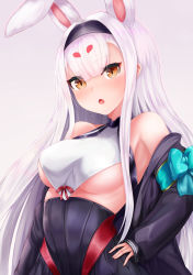 Rule 34 | 1girl, absurdres, animal ears, azur lane, bare shoulders, black hairband, black jacket, blue bow, bow, breasts, brown eyes, commentary request, gradient background, grey background, hair between eyes, hairband, hand on own hip, highres, jacket, long hair, long sleeves, medium breasts, off shoulder, open clothes, open jacket, puffy long sleeves, puffy sleeves, rabbit ears, ryara, shimakaze (azur lane), sleeveless, sleeves past wrists, solo, underboob, very long hair, white background, white hair