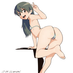 Rule 34 | 1girl, :d, ass, baba arumi, back, barefoot, bikini, black eyes, black hair, dated, long hair, looking at viewer, micro bikini, open mouth, original, simple background, smile, solo, swimsuit, teeth, tongue, upper teeth only, v, white background