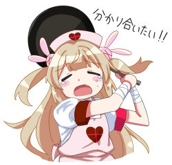 Rule 34 | &gt; &lt;, 1girl, apron, bandaged arm, bandaged wrist, bandages, blonde hair, blush, closed eyes, commentary request, crying, dress, facing viewer, frying pan, hair ornament, hands up, hat, heart, heart print, highres, holding, holding frying pan, long hair, natori sana, nurse cap, open mouth, pink apron, pink hat, puffy short sleeves, puffy sleeves, rabbit hair ornament, sana channel, sanz zzz, short sleeves, simple background, solo, swinging, tears, translation request, two side up, upper body, virtual youtuber, white background, white dress