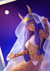 Rule 34 | 1girl, animal ears, arm up, bare shoulders, breasts, closed mouth, commentary request, dark-skinned female, dark skin, dutch angle, earrings, egyptian, egyptian clothes, facial mark, fate/grand order, fate (series), full body, gogatsu fukuin, hair between eyes, hairband, highres, hoop earrings, jackal ears, jewelry, long hair, looking at viewer, medium breasts, navel, nitocris (fate), purple eyes, purple hair, see-through, sidelocks, sitting, sky, smile, solo, veil, very long hair