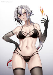 Rule 34 | 1girl, arlecchino (genshin impact), arm tattoo, bare shoulders, black hair, black panties, breasts, commentary, cowboy shot, genshin impact, gradient background, grey background, grey hair, grey thighhighs, groin, head tilt, highres, large breasts, lips, long hair, looking at viewer, low ponytail, multicolored hair, navel, panties, parted lips, ryuuneart, solo, standing, stomach, streaked hair, tattoo, thighhighs, thighs, underwear, very long hair