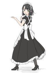 Rule 34 | 1girl, alternate costume, apron, back bow, black dress, black footwear, black hair, blunt bangs, blunt ends, blush, bow, commentary, dress, enmaided, frilled apron, frilled dress, frills, full body, green eyes, high heels, highres, holding, holding tray, link! like! love live!, llkapital, long dress, looking back, love live!, maid, maid apron, maid headdress, momose ginko, open mouth, puffy short sleeves, puffy sleeves, shadow, short hair, short sleeves, sidelocks, sideways glance, simple background, smile, solo, tray, virtual youtuber, white apron, white background, white headdress