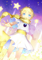 Rule 34 | 1boy, blonde hair, blue eyes, bright pupils, fate/grand order, fate/requiem, fate (series), feet out of frame, highres, long sleeves, looking at viewer, male focus, open mouth, outstretched arms, sash, scarf, short hair, solo, star (symbol), voyager (fate), voyager (first ascension) (fate), white pupils, wide sleeves, xuehua, yellow sash, yellow scarf