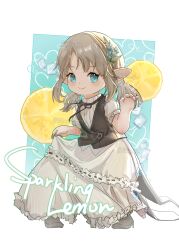 Rule 34 | 1girl, absurdres, blonde hair, blue eyes, brown vest, closed mouth, dress, english text, final fantasy, final fantasy xiv, flower, food, frilled dress, frills, fruit, hair flower, hair ornament, heart, highres, holding, holding clothes, holding dress, ice, ice cube, kazekokakuii, lalafell, lemon, lemon slice, lifted by self, long hair, looking at viewer, pointy ears, puffy short sleeves, puffy sleeves, short sleeves, signature, smile, solo, vest, warrior of light (ff14), white dress