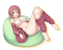 Rule 34 | 1girl, alfort (may0508), barefoot, bean bag chair, bikini, breasts, brown hair, clothes pull, collarbone, commentary request, furrowed brow, hair over one eye, highres, hoshino miyako (wataten), jacket, large breasts, long sleeves, looking at viewer, navel, off shoulder, open clothes, open jacket, open mouth, pants, pants pull, red eyes, short hair, silhouette, sitting, solo, swimsuit, tears, track suit, watashi ni tenshi ga maiorita!, wavy mouth, white background, white bikini