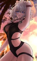 Rule 34 | 1girl, absurdres, arm scrunchie, arm up, armpits, black one-piece swimsuit, blue eyes, braid, breasts, choker, collarbone, grey hair, highres, izayoi sakuya, lips, maid headdress, one-piece swimsuit, outdoors, small breasts, smile, solo, sunset, swimsuit, thick thighs, thighs, touhou, twin braids, yama kabosu