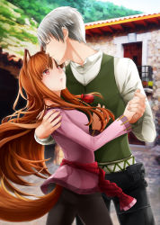Rule 34 | 1boy, 1girl, animal ears, blush, brown hair, craft lawrence, holding hands, hetero, holo, long hair, ninamo, open mouth, pouch, red eyes, short hair, silver hair, spice and wolf, tail, wolf ears, wolf tail