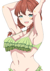 Rule 34 | 1girl, absurdres, arms up, bikini, blush stickers, braid, breasts, commentary request, emma verde, frilled bikini, frills, green bikini, green eyes, highres, hourou (marte-seta), large breasts, long hair, looking at viewer, love live!, love live! nijigasaki high school idol club, open mouth, simple background, smile, solo, swimsuit, twin braids, upper body, white background