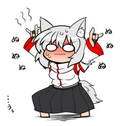 Rule 34 | &gt;:(, 1girl, animal ears, arms up, bad id, bad pixiv id, black skirt, blush, bridal gauntlets, chibi, detached sleeves, embarrassed, female focus, flat color, frown, full-face blush, full body, inubashiri momiji, looking at viewer, m/, no headwear, short hair, silver hair, skirt, solid circle eyes, solo, sumiya nadateru, sweat, touhou, v-shaped eyebrows, wavy mouth, white background, wolf ears