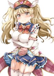 Rule 34 | blonde hair, blue skirt, breasts, brown eyes, garter straps, granblue fantasy, hat, highres, kanosawa, large breasts, long hair, magical girl, military hat, miniskirt, monika weisswind, pleated skirt, red neckwear, skirt, solo, thighhighs, twintails, wavy hair, winged hat, zettai ryouiki