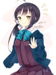 Rule 34 | 1girl, ahoge, asymmetrical bangs, blue bow, blue jacket, bow, bowtie, closed mouth, commentary request, dated, dress, fujinami (kancolle), hair ribbon, halterneck, jacket, joujou, kantai collection, long hair, long sleeves, looking at viewer, one-hour drawing challenge, purple dress, purple hair, ribbon, school uniform, shirt, side ponytail, simple background, sleeveless, sleeveless dress, smile, solo, twitter username, white ribbon, white shirt, yellow eyes