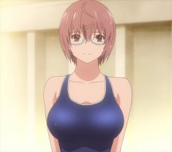 Rule 34 | 1girl, bare shoulders, breasts, brown eyes, brown hair, female focus, glasses, gradient background, hair ornament, hatsukoi limited, large breasts, looking at viewer, screencap, short hair, smile, solo, stitched, swimsuit, third-party edit, watase meguru