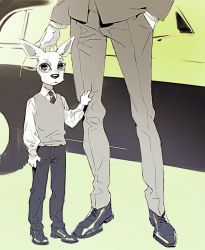 Rule 34 | 2boys, aged down, arm at side, beastars, car, child, clothes grab, collared shirt, commentary, deer boy, english commentary, father and son, furry, furry male, hand in pocket, hand on another&#039;s head, hand up, long sleeves, louis (beastars), male focus, monochrome, motor vehicle, multiple boys, necktie, ogma (beastars), out of frame, pants, satsiy, shirt, shoes, solo focus, vest