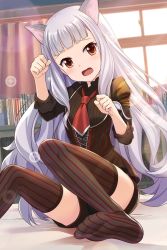 Rule 34 | 1girl, alternative girls, animal ears, cat ears, highres, hiiragi tsumugi, long hair, necktie, official art, open mouth, paw pose, silver hair, socks over thighhighs, solo, striped clothes, striped thighhighs, thighhighs