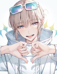 Rule 34 | 1boy, absurdres, bambi-25, blue eyes, blush, brown hair, coat, eyelashes, eyewear on head, fate/grand order, fate (series), fingernails, heart, heart hands, highres, long sleeves, looking at viewer, male focus, oberon (fate), open mouth, short hair, simple background, solo, teeth, upper body, veins, veiny arms, white background, white coat