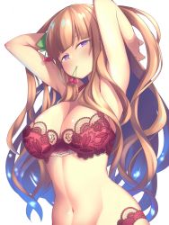 Rule 34 | .live, 1girl, arms behind head, arms up, blackxxx, blue eyes, blunt bangs, bow, bra, breasts, brown hair, cherry, cherry hair ornament, cleavage, commentary request, food, food-themed hair ornament, food in mouth, fruit, green bow, hair ornament, kakyouin chieri, lace, lace bra, lace panties, large breasts, long hair, looking at viewer, navel, panties, pink bra, pink panties, solo, symbol-shaped pupils, two side up, underwear, upper body, virtual youtuber, white background