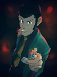 Rule 34 | 1boy, arsene lupin iii, bad id, bad pixiv id, black hair, cigarette, dark, fire, fire, formal, green jacket, hand up, jacket, lighter, looking at viewer, lupin iii, male focus, mouth hold, necktie, reaching, reaching towards viewer, seven (seven8xxx), short hair, sideburns, smoking, solo, suit, yellow necktie, zippo lighter