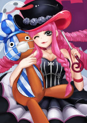 Rule 34 | 1girl, black eyes, breasts, cleavage, dress, drill hair, eyelashes, flower, ghost, hat, hat flower, highres, kumacy, large breasts, long hair, looking at viewer, one eye closed, one piece, perona, pink hair, rose, solo, strapless, strapless dress, stuffed animal, stuffed toy, teddy bear, top hat, umbrella, umi juuyon, wink